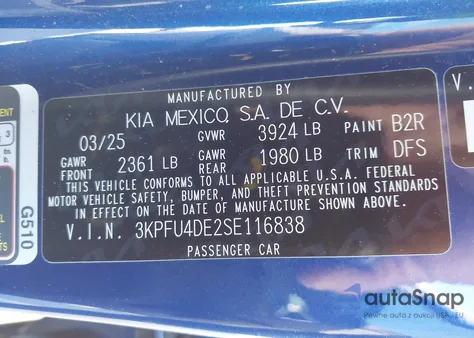 2025 Kia K4 Ex из США, поврежденный, VIN 3KPFU4DE2SE116838